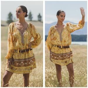 Spell & The Gypsy Mystic Tunic Mini Dress Sunflower Size XS Yellow Long Sleeve